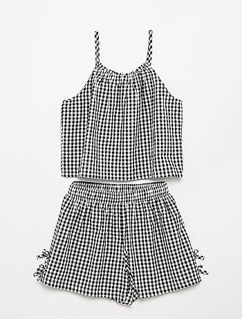 Conjunto top de alças + calções com padrão Vichy - 2 peças