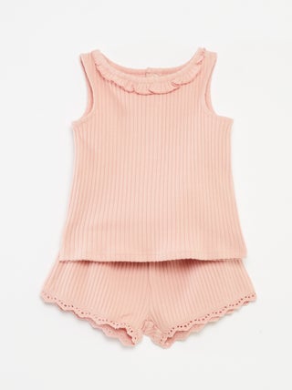 Conjunto top de alças + calções de malha canelada - 2 peças