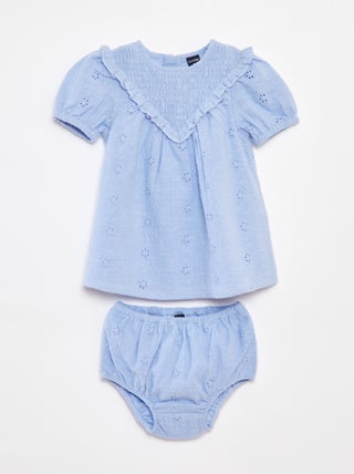 Conjunto vestido com bordado inglês + cuecas - 2 peças