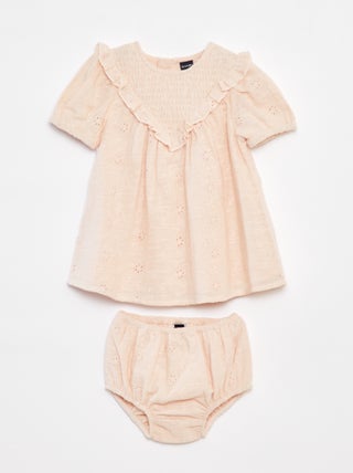 Conjunto vestido com bordado inglês + cuecas - 2 peças