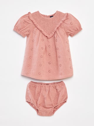 Conjunto vestido com bordado inglês + cuecas - 2 peças