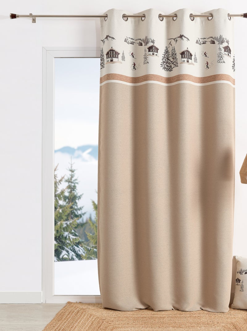 Cortina de ilhós jacquard com motivo de chalés e abetos Bege - Kiabi