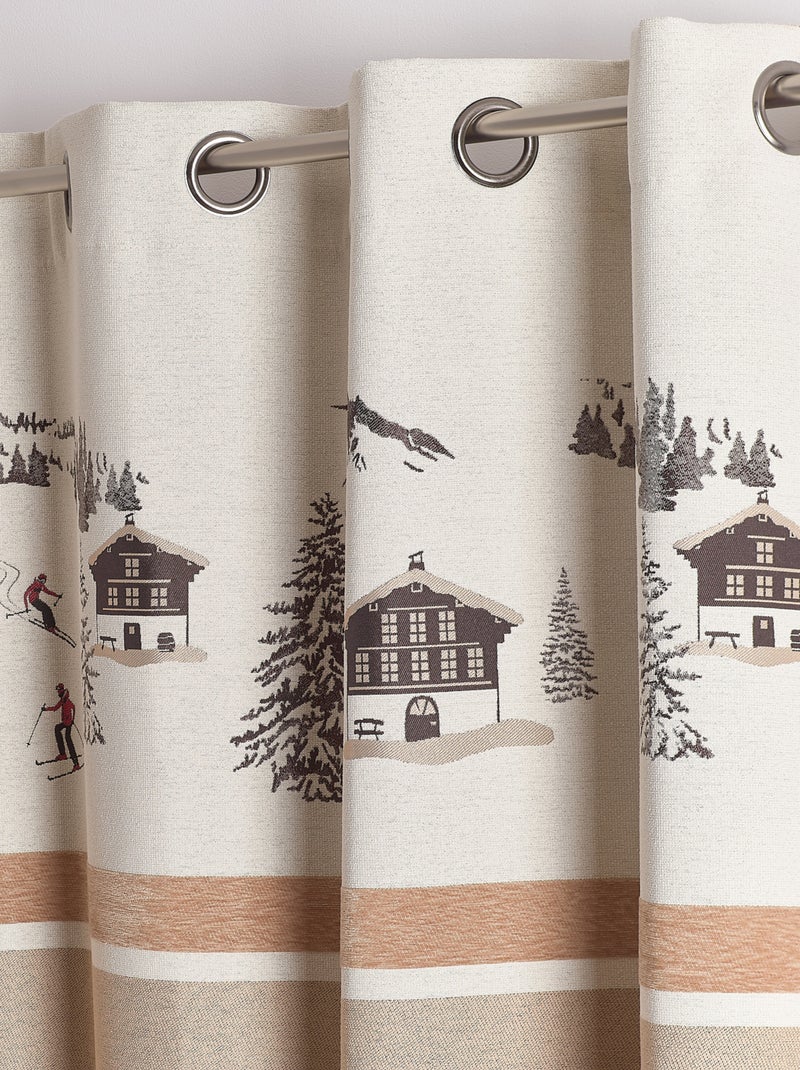 Cortina de ilhós jacquard com motivo de chalés e abetos Bege - Kiabi