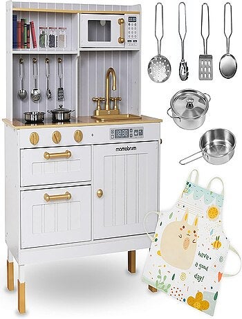 Cozinha infantil 3+ em madeira com acessórios e avental – micro-ondas, forno, lava-loiça