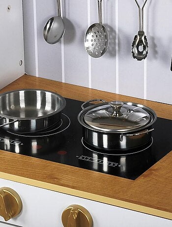 Cozinha infantil 3+ em madeira com acessórios e avental – micro-ondas, forno, lava-loiça