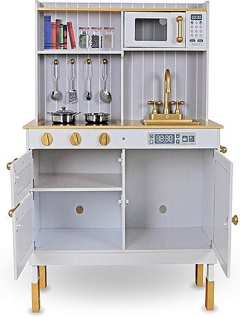 Cozinha infantil 3+ em madeira com acessórios e avental – micro-ondas, forno, lava-loiça