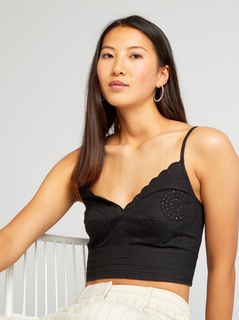 Crop top com bordado inglês Preto - Kiabi