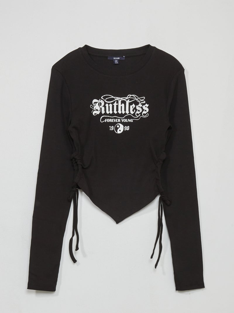 Crop-top de malha canelada com estampado Preto - Kiabi