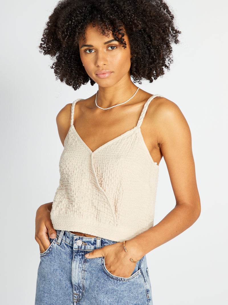 Crop top em gaze de algodão e alças torcidas BEGE - Kiabi