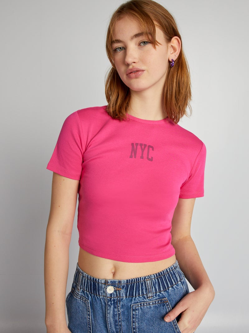Crop-top em jersey com estampado 'NYC' ROSA - Kiabi