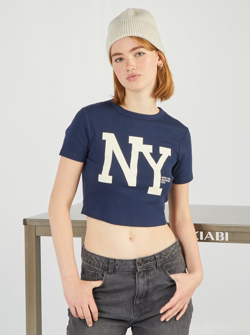 Crop top em jersey elástico 'NYC' PRETO - Kiabi