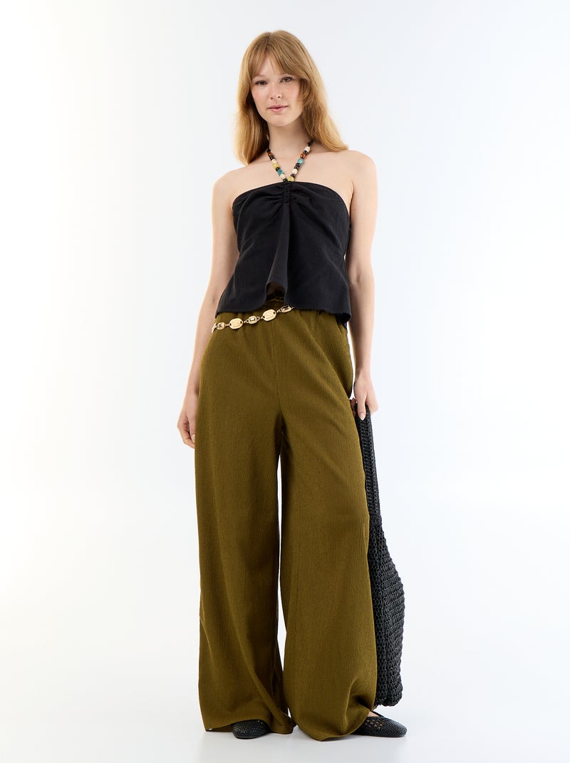 Crop top em linho misto com pérolas Preto - Kiabi