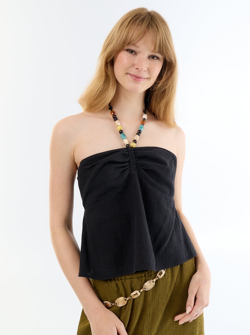 Crop top em linho misto com pérolas Preto - Kiabi