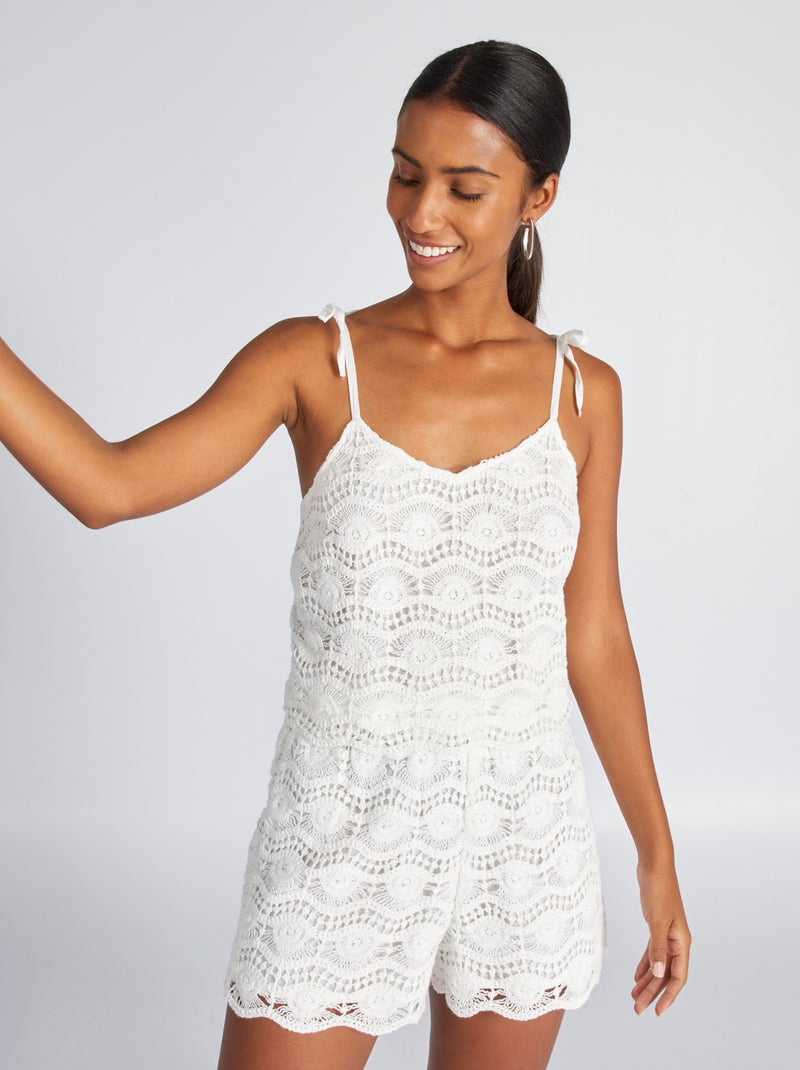 Crop-top em macramé com alças para atar BRANCO - Kiabi