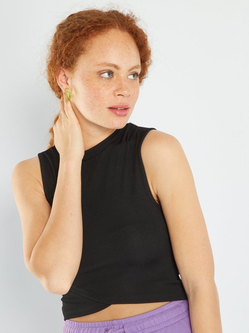 Crop-top nervurado com efeito cruzado Preto - Kiabi