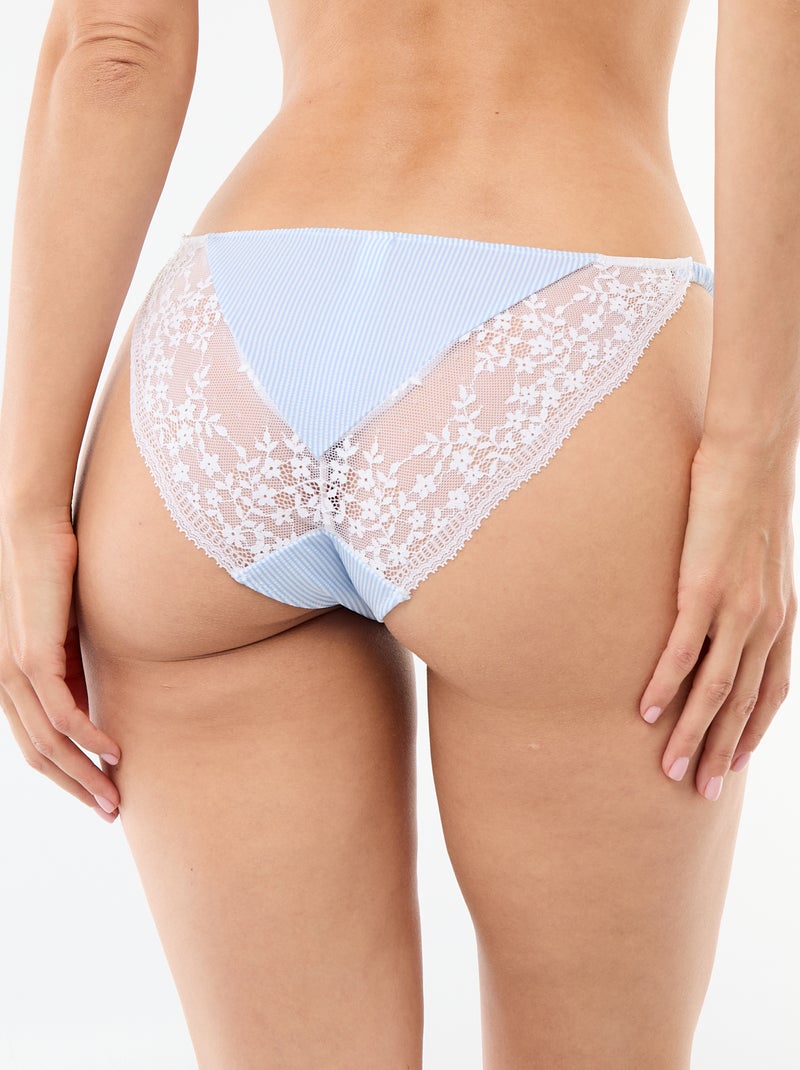 Cueca bimatéria às riscas com renda Azul - Kiabi