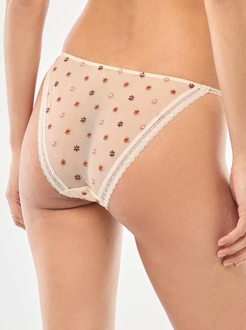 Cueca com detalhe de barra em tule transparente floral - Kiabi