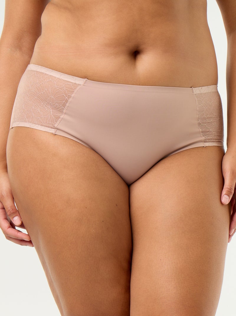 Cueca de cintura alta em microfibra com renda Bege - Kiabi