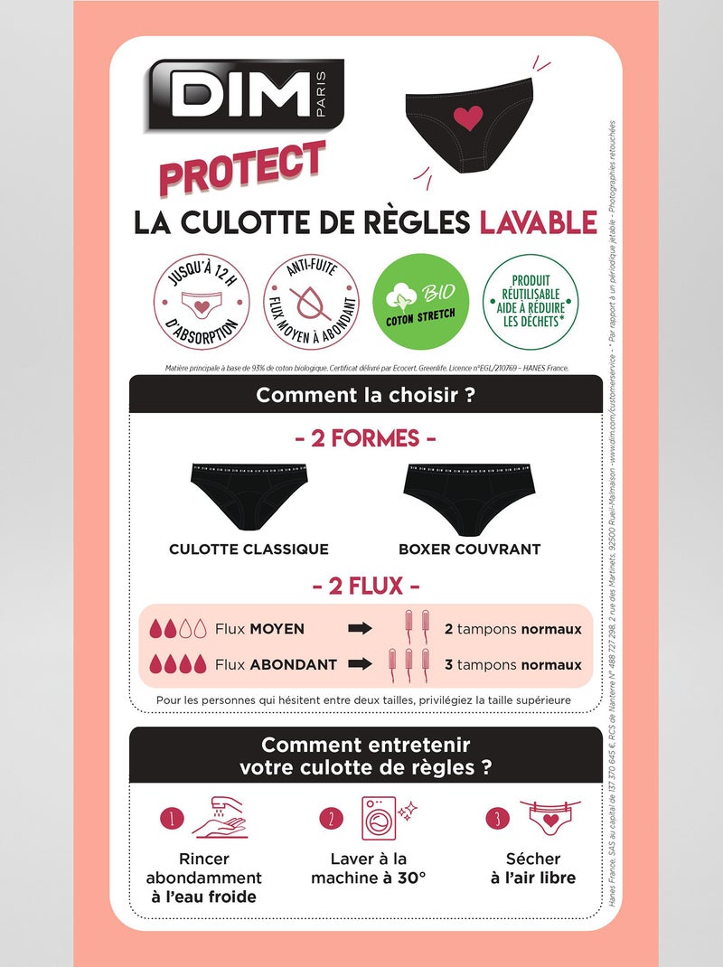 Cuecas menstruais para fluxo médio 'DIM' Protect Preto - Kiabi