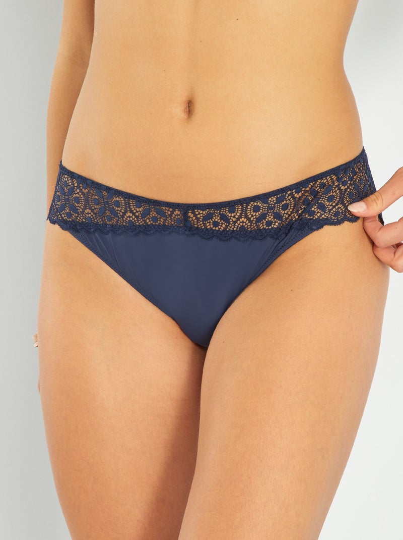 Cuecas para mulher em microfibra e renda Azul Preto - Kiabi