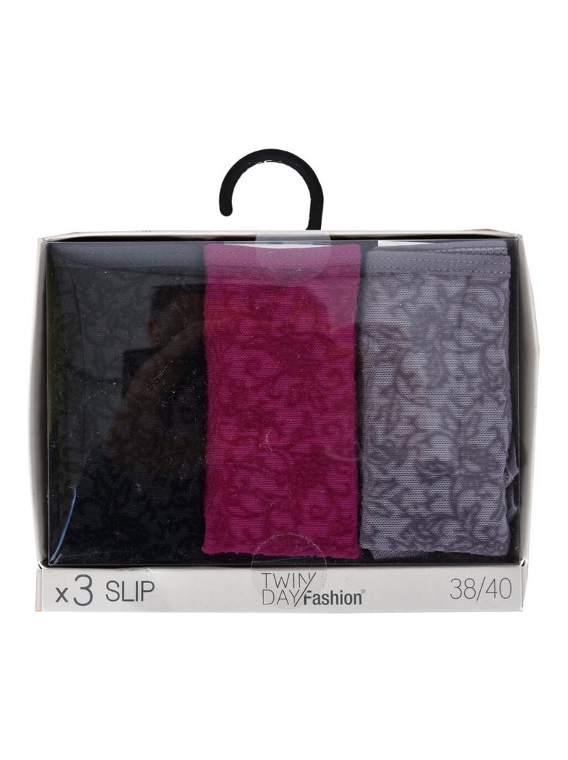 Cuecas para mulher TWINDAY - Pack de 3 Preto Bordeaux Cinza - Kiabi