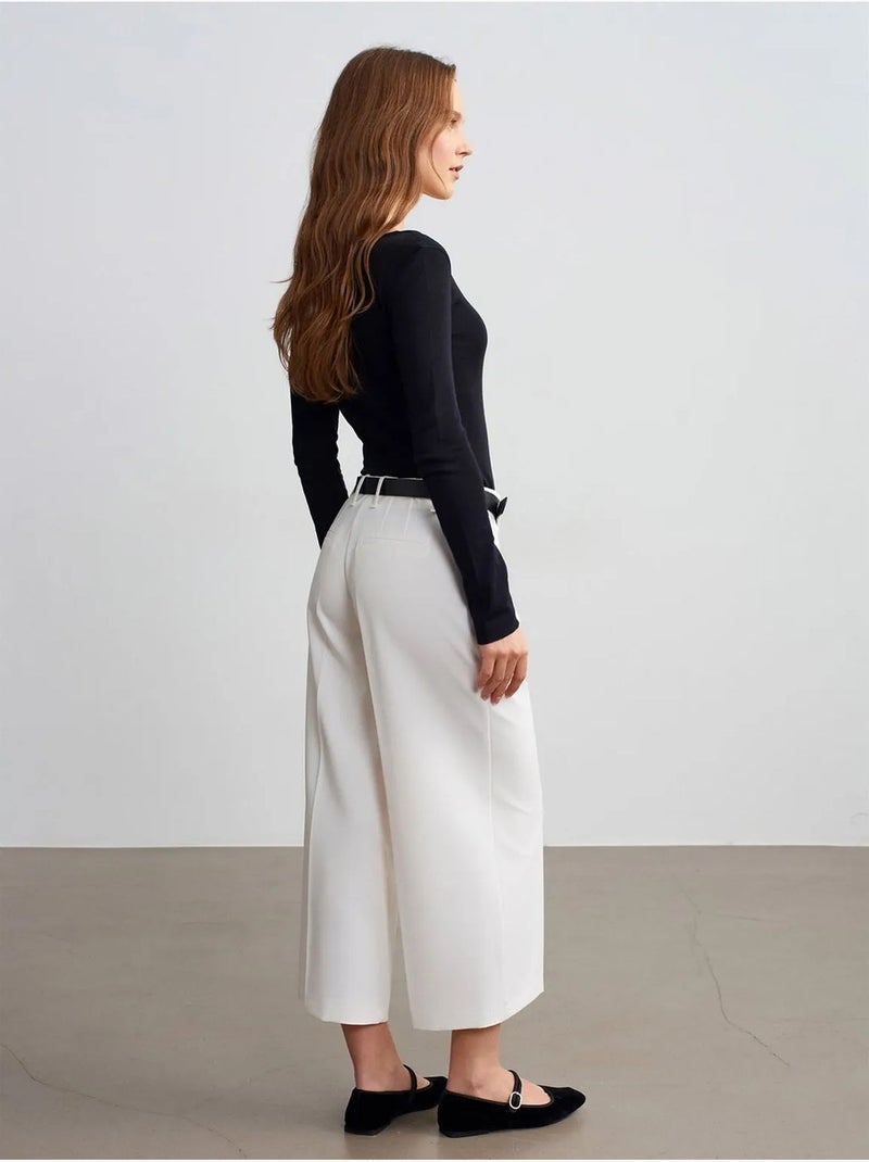 Culottes de crepe de cintura subida com cinto dilvin Branco sujo - Kiabi