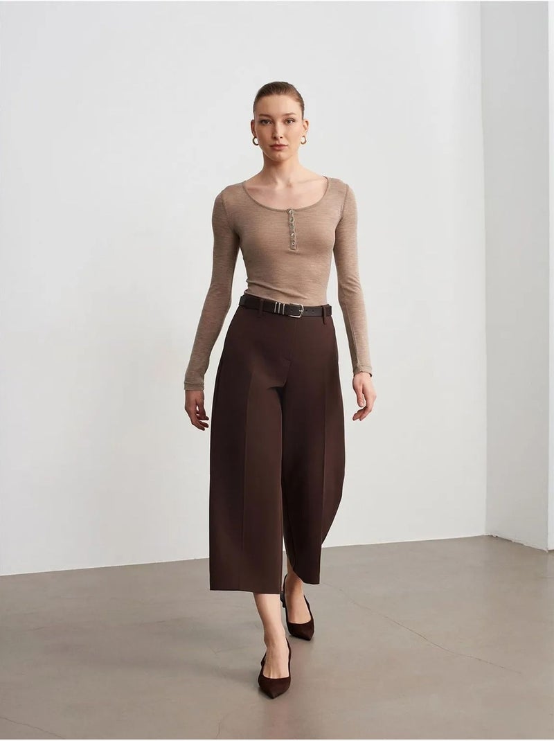 Culottes de crepe de cintura subida com cinto dilvin Castanho-chocolate - Kiabi