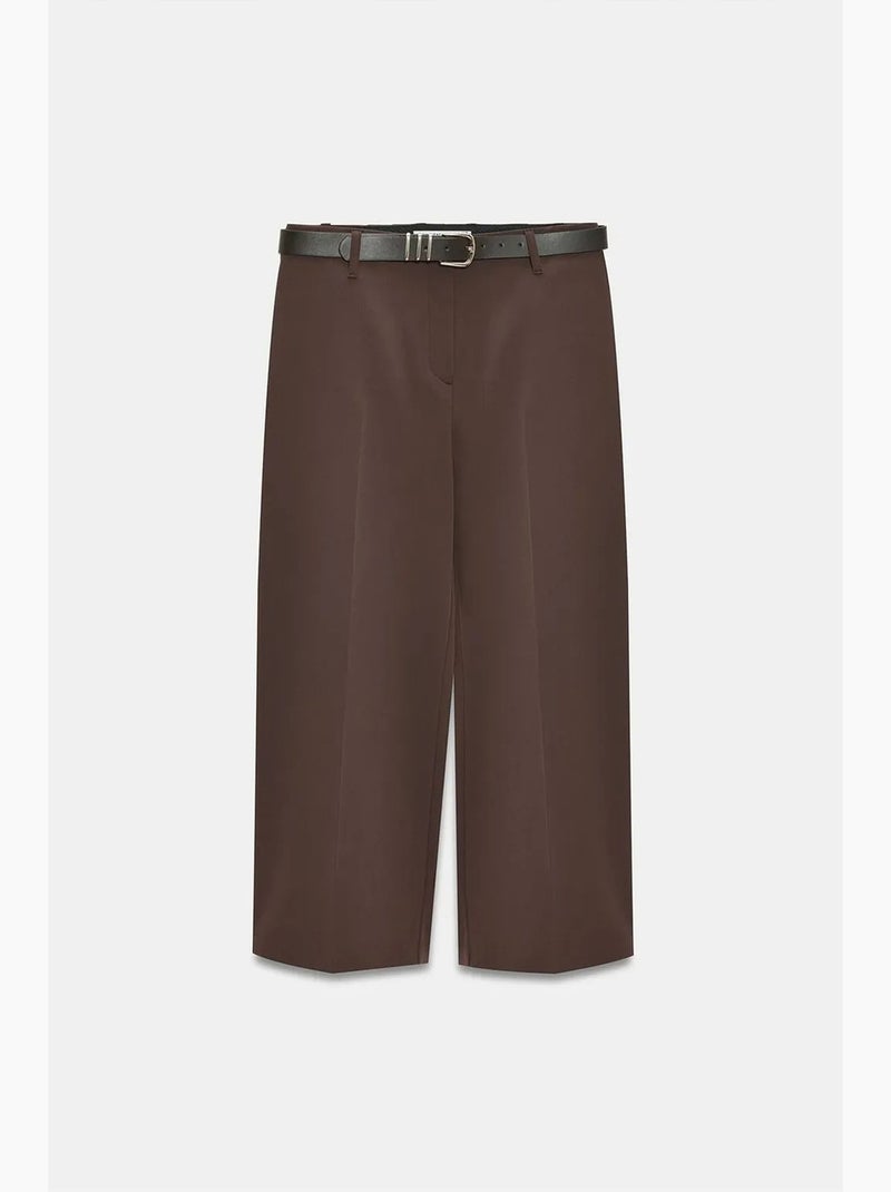 Culottes de crepe de cintura subida com cinto dilvin Castanho-chocolate - Kiabi