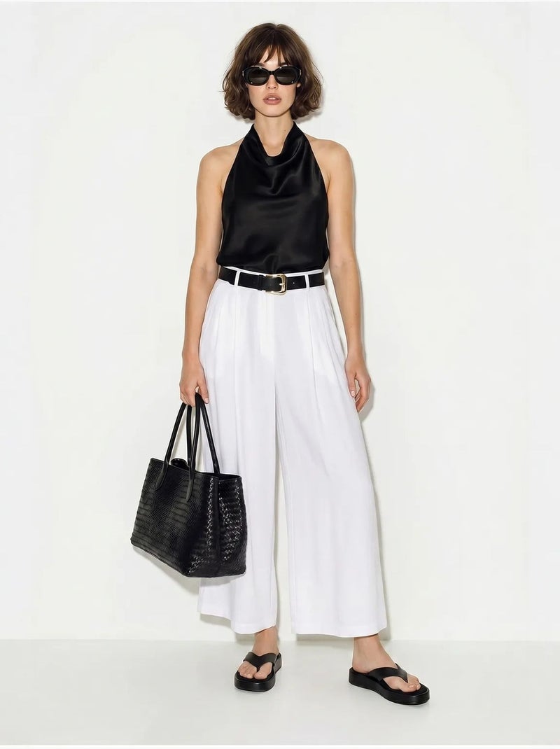 Culottes plissadas de cintura alta e perna larga lucci Branco - Kiabi