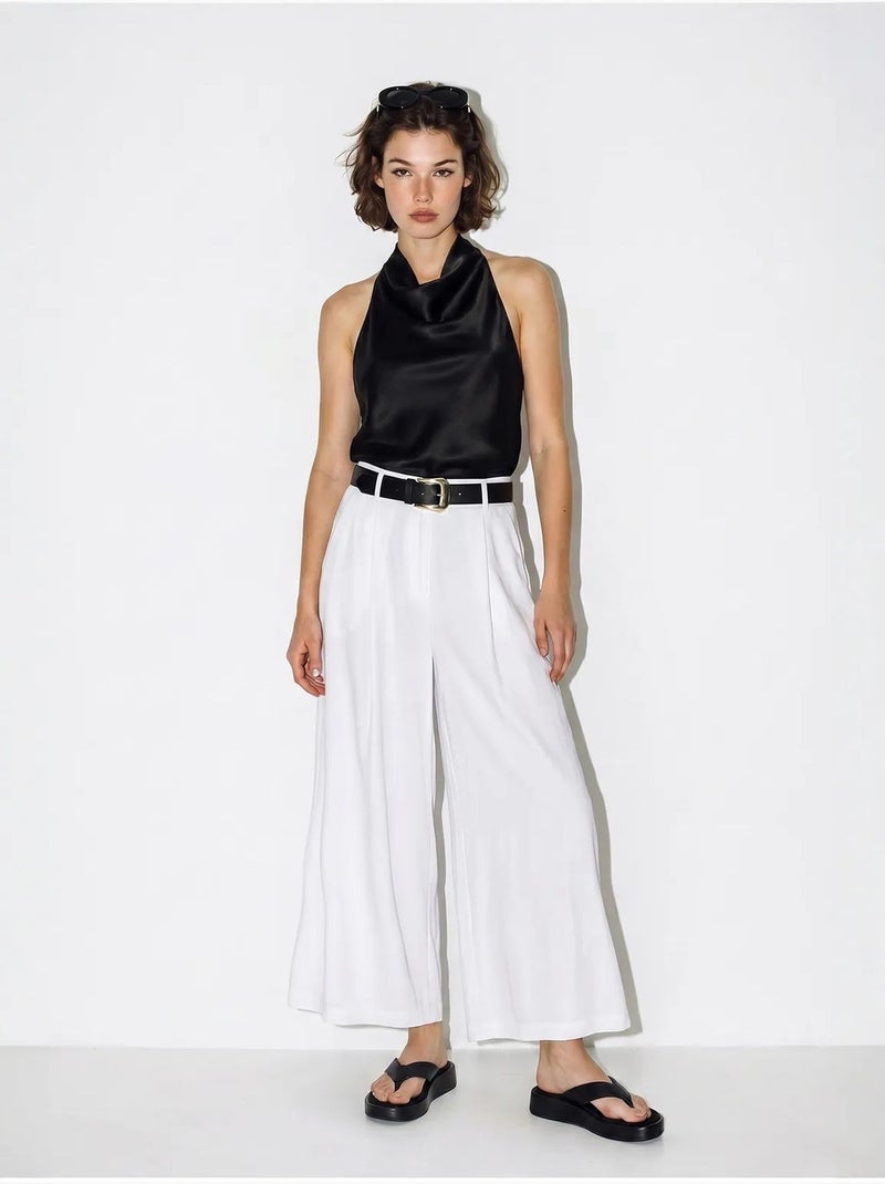 Culottes plissadas de cintura alta e perna larga lucci Branco - Kiabi