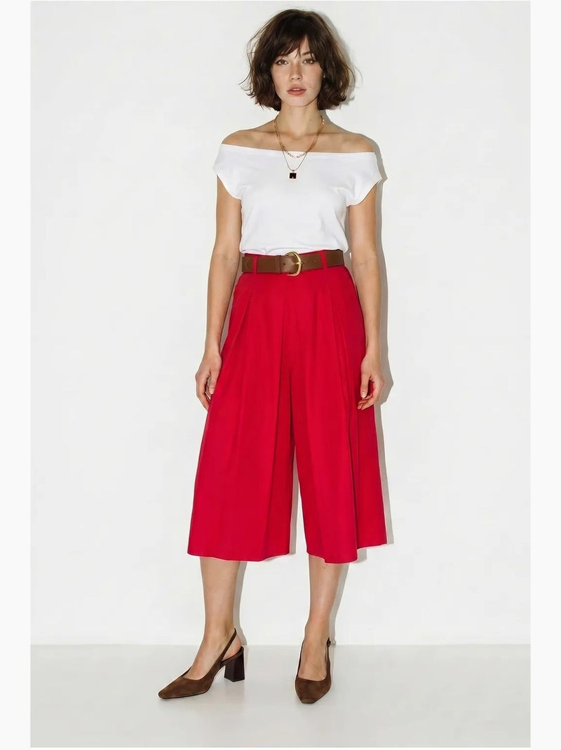 Culottes plissadas de cintura alta e perna larga lucci Vermelho - Kiabi