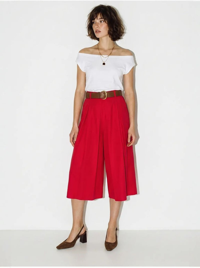 Culottes plissadas de cintura alta e perna larga lucci Vermelho - Kiabi