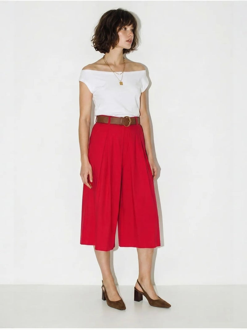 Culottes plissadas de cintura alta e perna larga lucci Vermelho - Kiabi