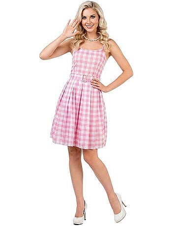Disfarce de boneca famosa com vestido aos quadrados para mulher