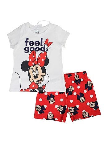 Disney - Conjunto criança t-shirt branco e calções vermelhos com bolinhas personagem