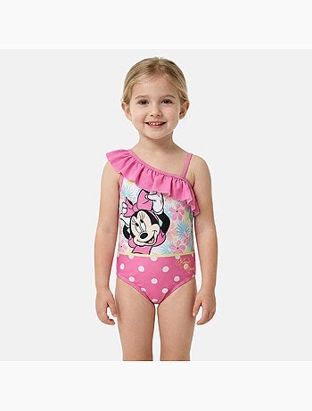 Disney - Fato de banho menina inteiro assimétrico rosa com bolinhas personagem