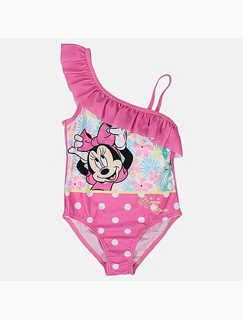 Disney - Fato de banho menina inteiro assimétrico rosa com bolinhas personagem