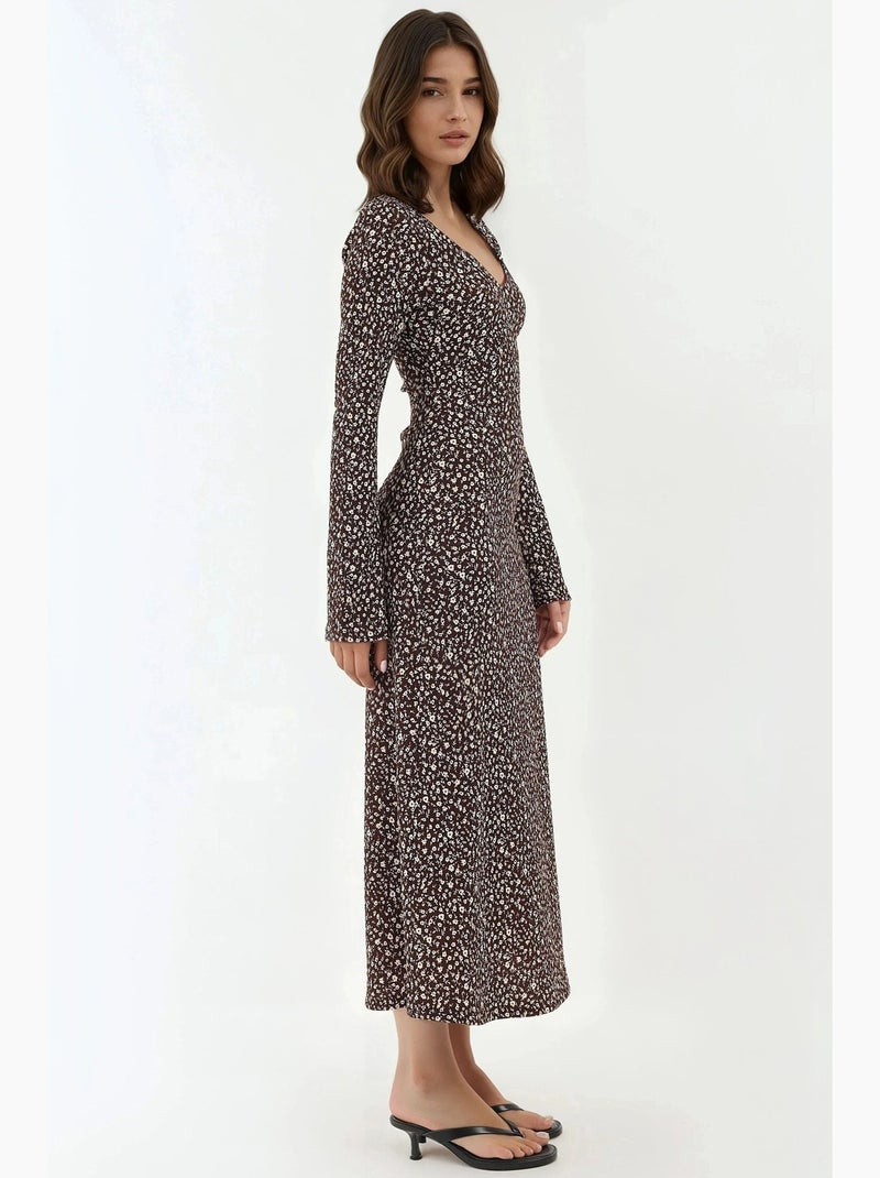 Elegante vestido maxi justo com estampado floral e decote em v hiccup Castanho - Kiabi