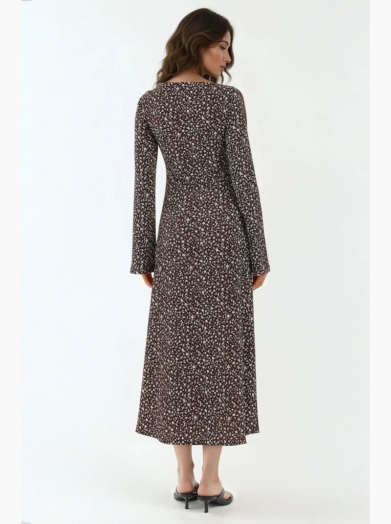 Elegante vestido maxi justo com estampado floral e decote em v hiccup Castanho - Kiabi