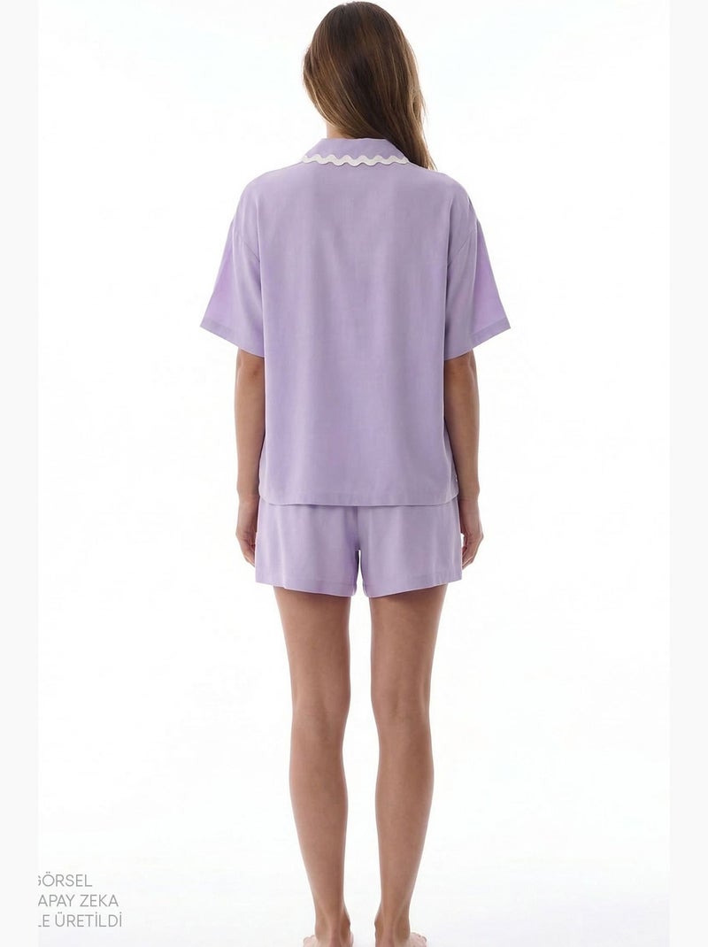Ella conjunto de pijama com camisa, renda, manga curta e shorts penti Lavanda - Kiabi