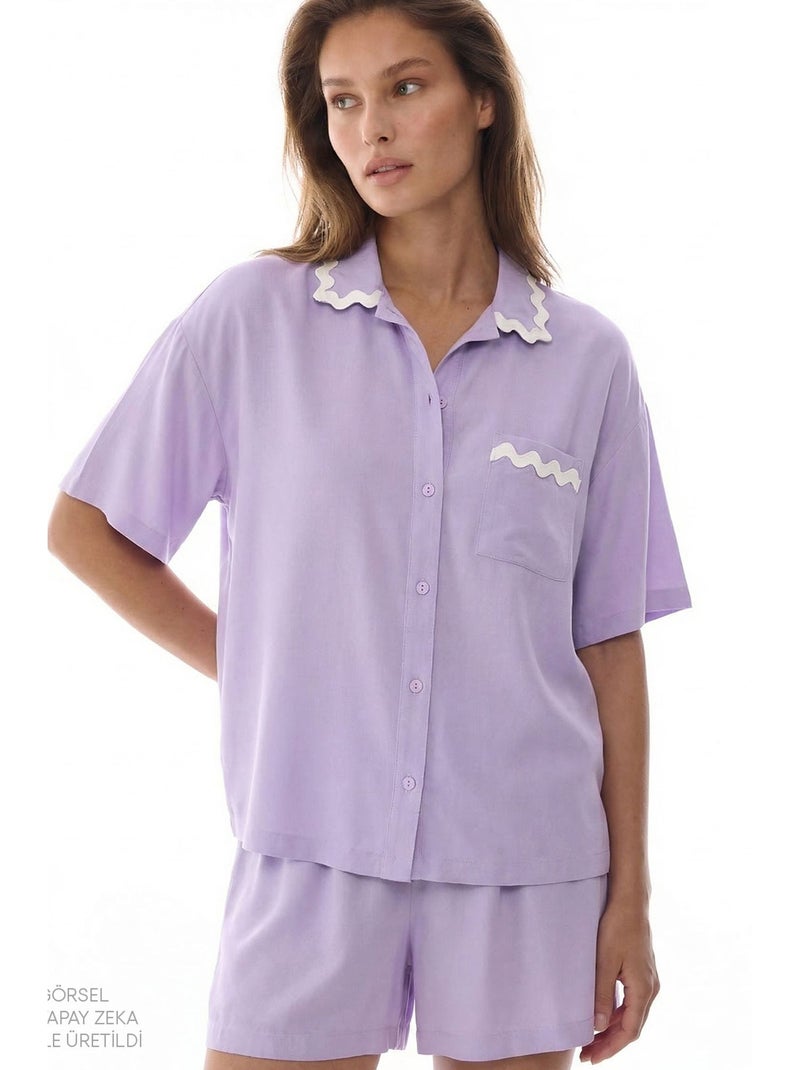 Ella conjunto de pijama com camisa, renda, manga curta e shorts penti Lavanda - Kiabi