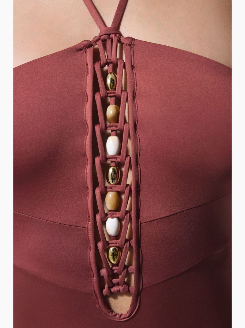 Fato de banho astrid macrame com contas penti Terracota - Kiabi