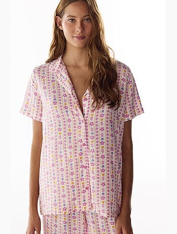 Flora conjunto de pijama com camisa e calça estampado floral, manga curta penti
