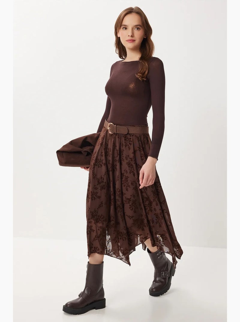 Floral high waist midi a-line skirt with belt istanbul Castanho-chocolate - Kiabi