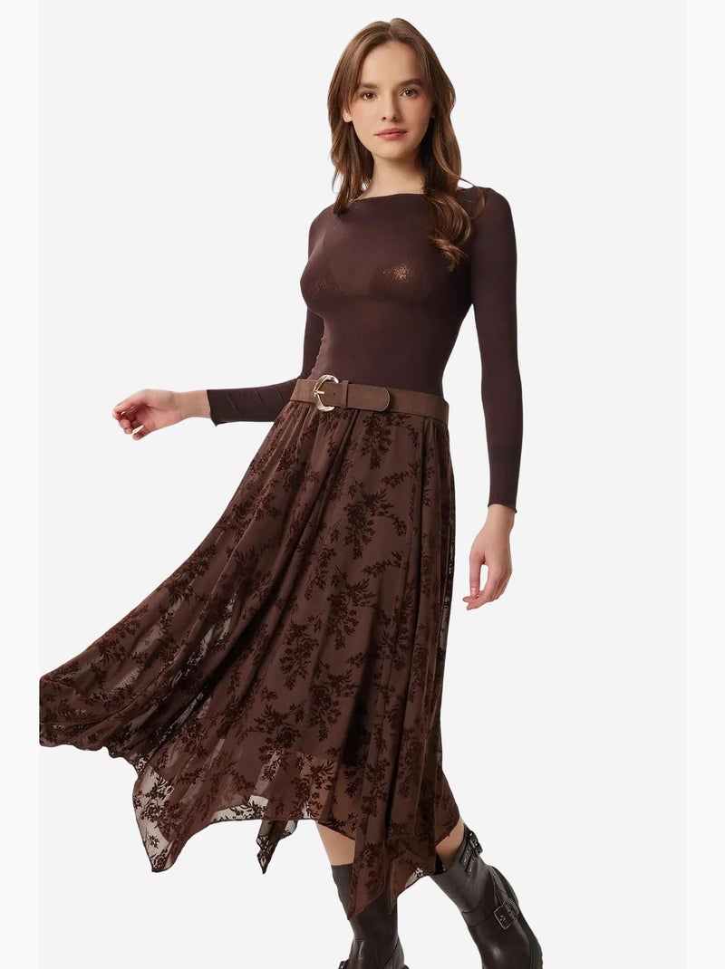 Floral high waist midi a-line skirt with belt istanbul Castanho-chocolate - Kiabi