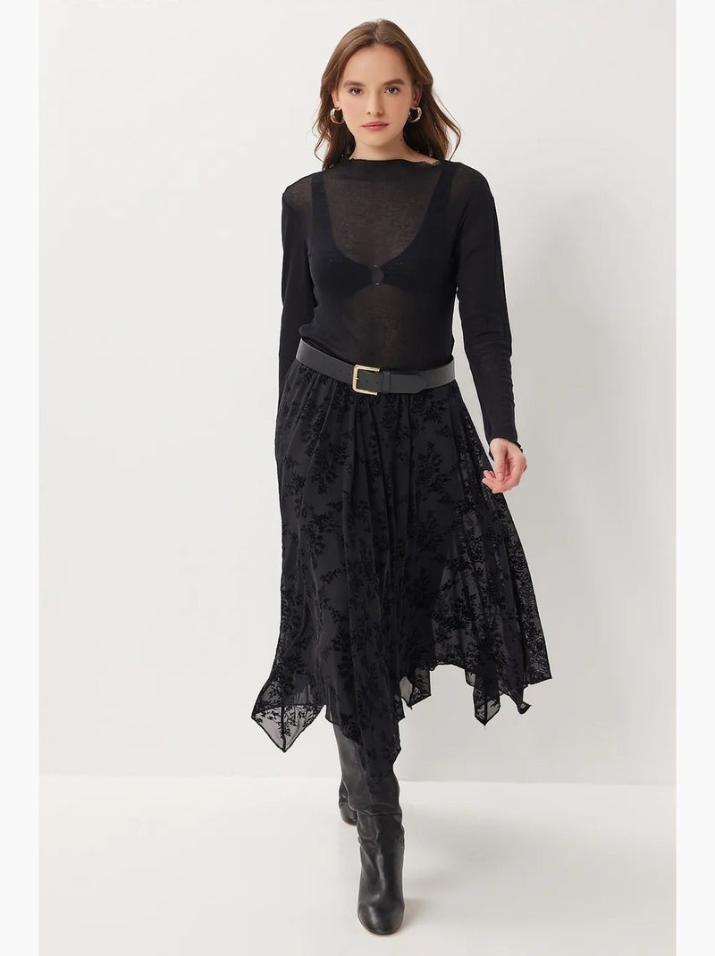Floral high waist midi a-line skirt with belt istanbul Preto - Kiabi