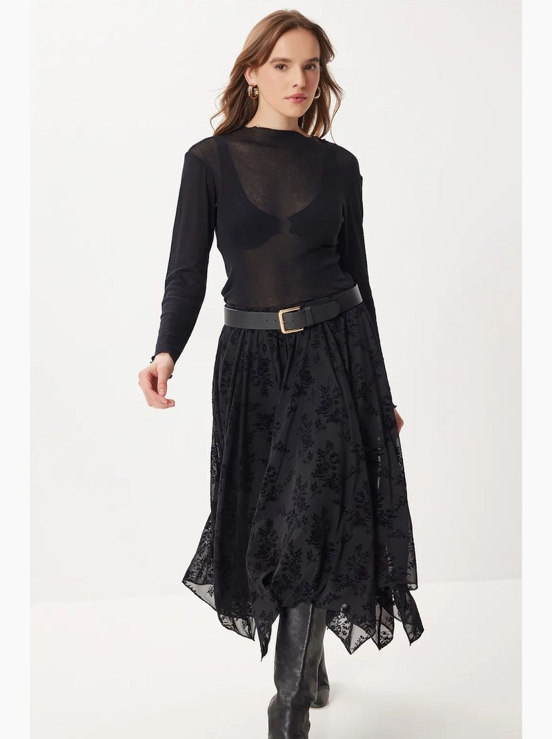 Floral high waist midi a-line skirt with belt istanbul Preto - Kiabi