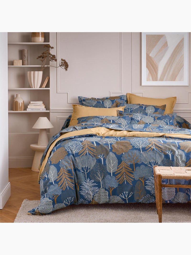Fronha com padrão floresta em percal de algodão 80 fios/cm² Azul-jeans - Kiabi