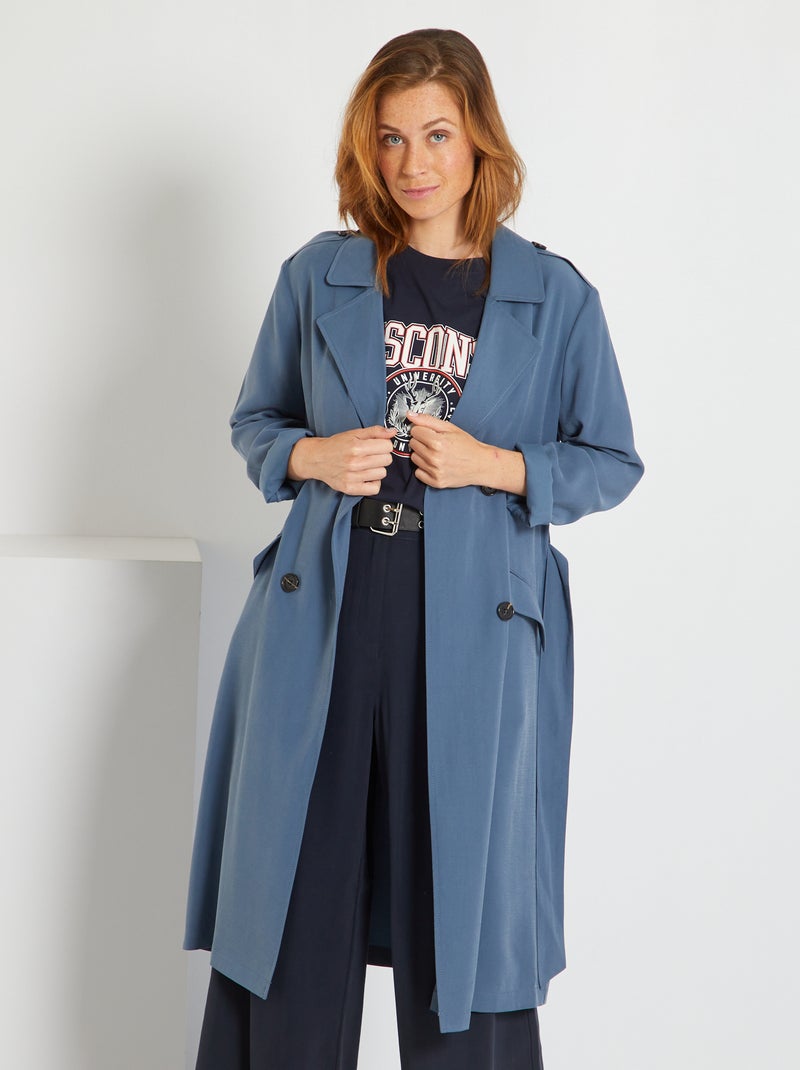 Gabardina comprida fluida com cinto AZUL - Kiabi