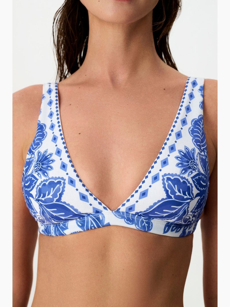 Giana top de biquíni com decote em v profundo e floral penti Branco Azul - Kiabi